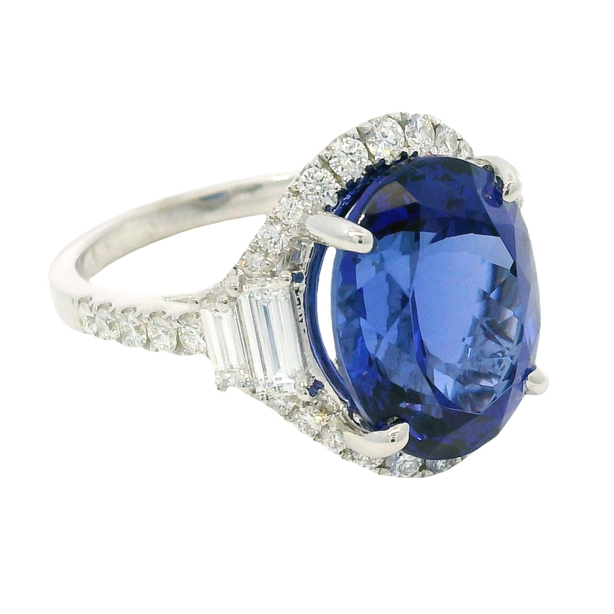 18k White Gold Natural 8.20 Carat Oval Tanzanite and Diamond Halo Ring