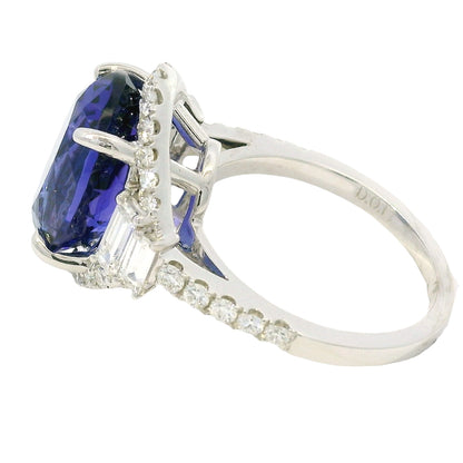 18k White Gold Natural 8.20 Carat Oval Tanzanite and Diamond Halo Ring