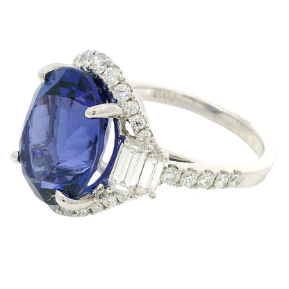 18k White Gold Natural 8.20 Carat Oval Tanzanite and Diamond Halo Ring