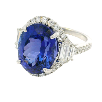18k White Gold Natural 8.20 Carat Oval Tanzanite and Diamond Halo Ring