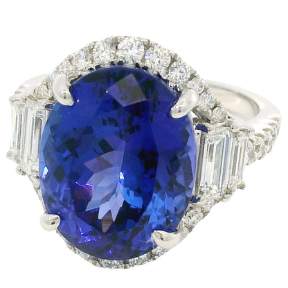18k White Gold Natural 8.20 Carat Oval Tanzanite and Diamond Halo Ring