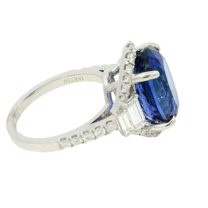 18k White Gold Natural 8.20 Carat Oval Tanzanite and Diamond Halo Ring