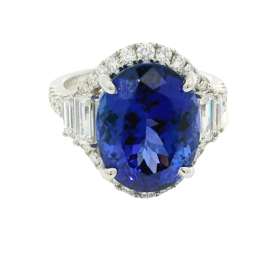 18k White Gold Natural 8.20 Carat Oval Tanzanite and Diamond Halo Ring