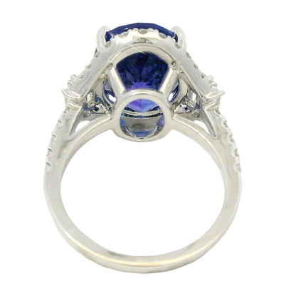 18k White Gold Natural 8.20 Carat Oval Tanzanite and Diamond Halo Ring