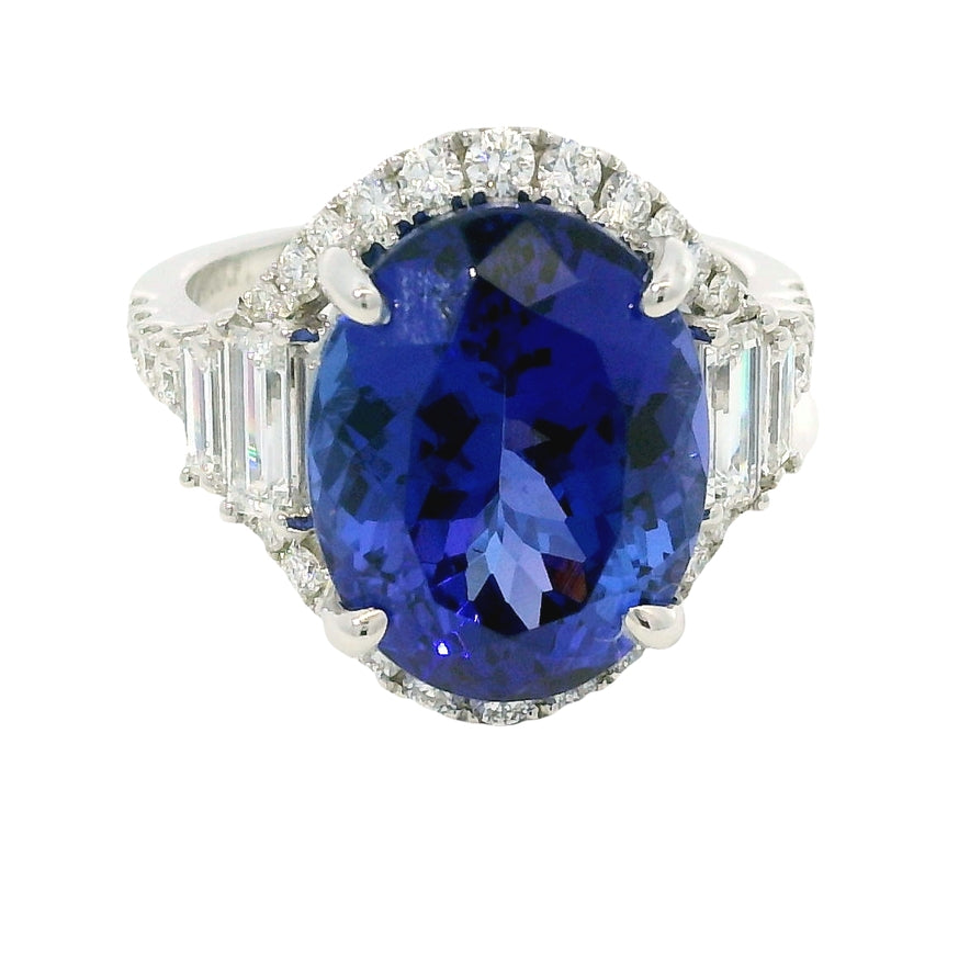 18k White Gold Natural 8.20 Carat Oval Tanzanite and Diamond Halo Ring
