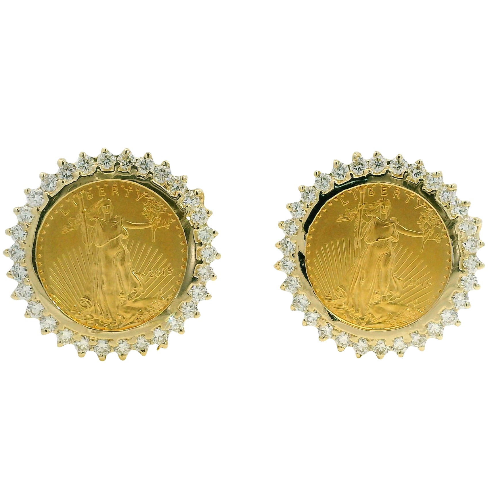 14k Yellow Gold Natural 1.80 Carat Diamond Halo Liberty Coin Earrings
