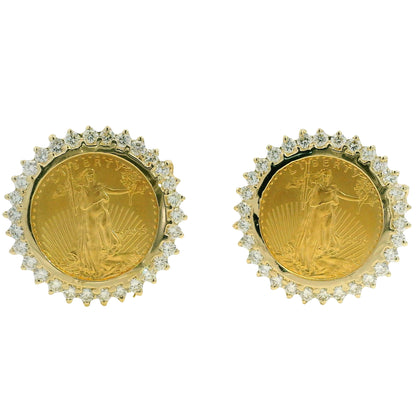 14k Yellow Gold Natural 1.80 Carat Diamond Halo Liberty Coin Earrings