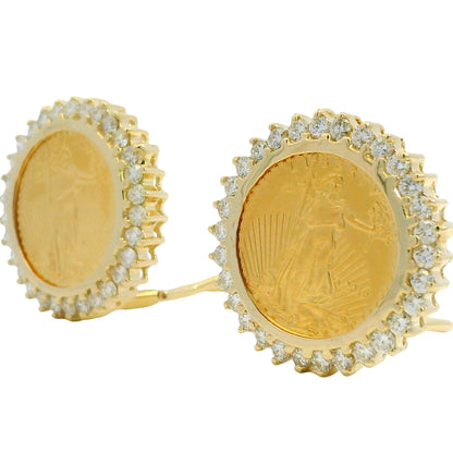 14k Yellow Gold Natural 1.80 Carat Diamond Halo Liberty Coin Earrings