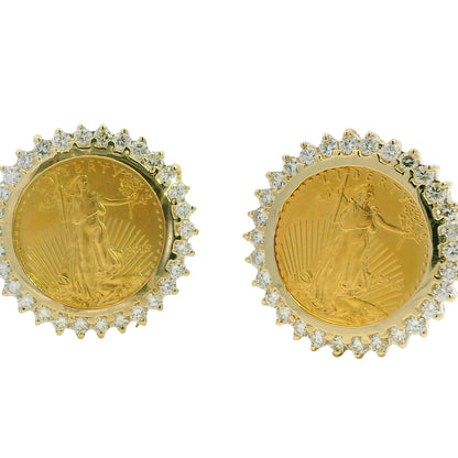 14k Yellow Gold Natural 1.80 Carat Diamond Halo Liberty Coin Earrings