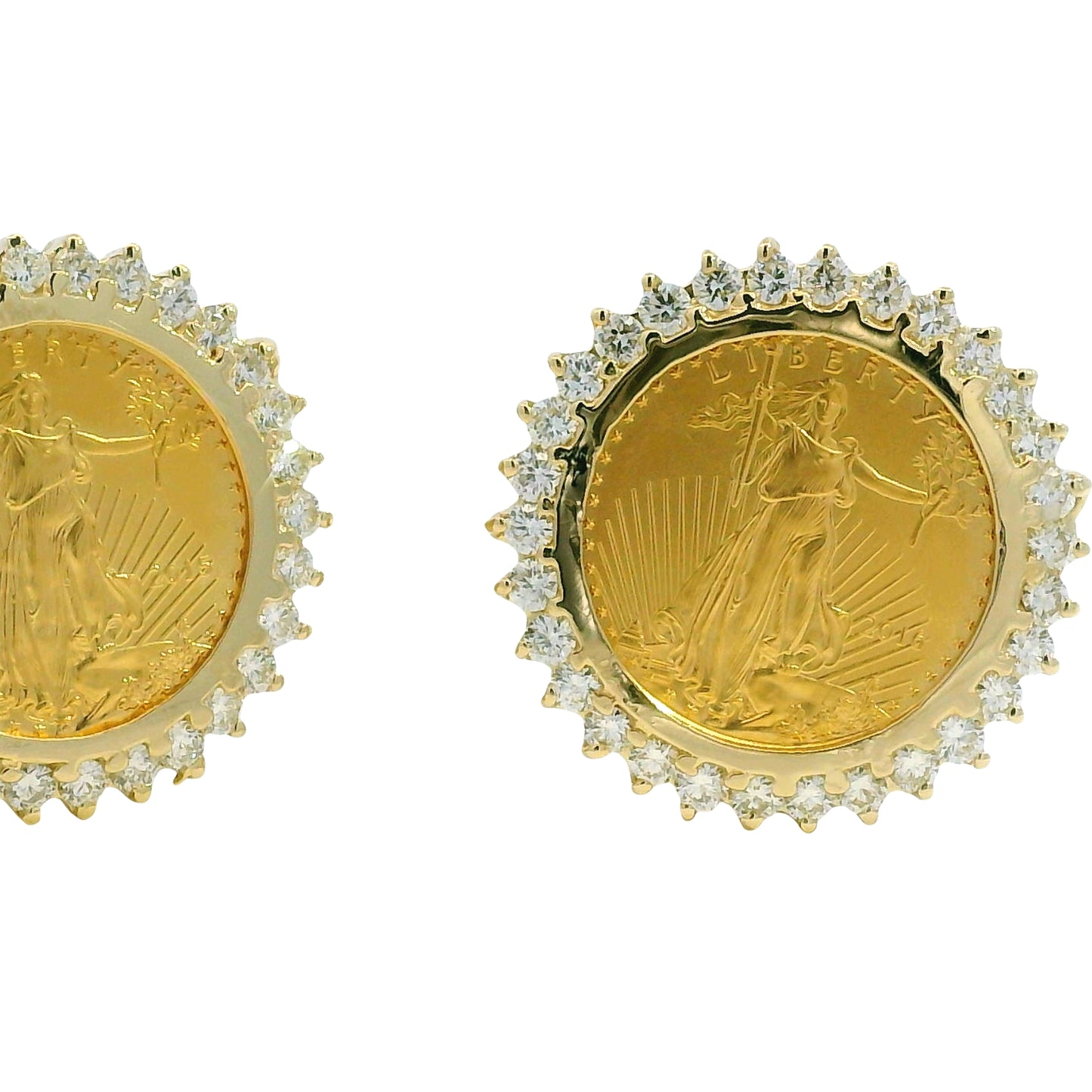 14k Yellow Gold Natural 1.80 Carat Diamond Halo Liberty Coin Earrings