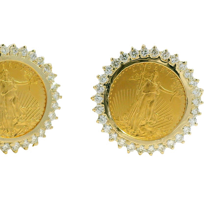 14k Yellow Gold Natural 1.80 Carat Diamond Halo Liberty Coin Earrings
