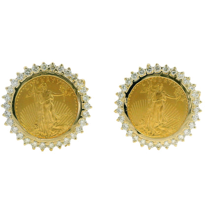 14k Yellow Gold Natural 1.80 Carat Diamond Halo Liberty Coin Earrings