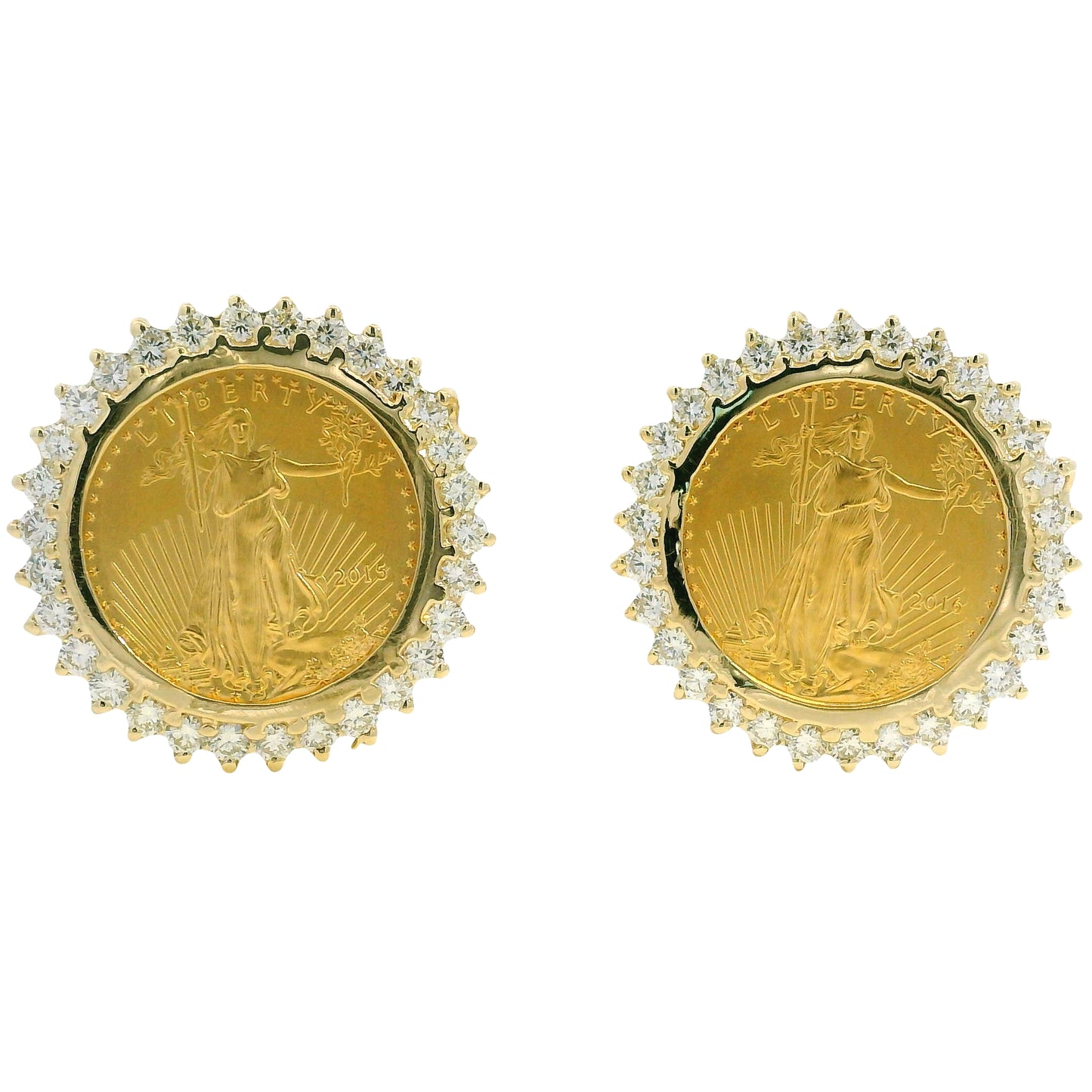 14k Yellow Gold Natural 1.80 Carat Diamond Halo Liberty Coin Earrings