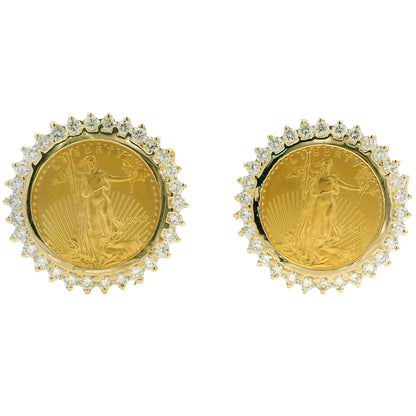 14k Yellow Gold Natural 1.80 Carat Diamond Halo Liberty Coin Earrings