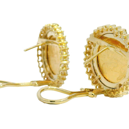 14k Yellow Gold Natural 1.80 Carat Diamond Halo Liberty Coin Earrings