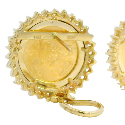 14k Yellow Gold Natural 1.80 Carat Diamond Halo Liberty Coin Earrings