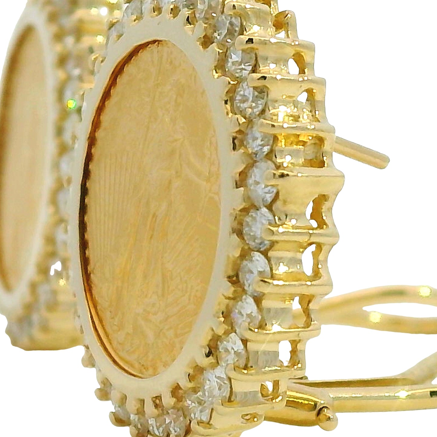 14k Yellow Gold Natural 1.80 Carat Diamond Halo Liberty Coin Earrings