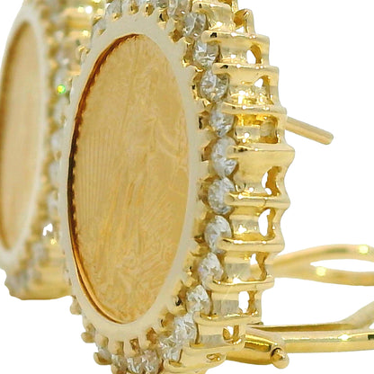 14k Yellow Gold Natural 1.80 Carat Diamond Halo Liberty Coin Earrings