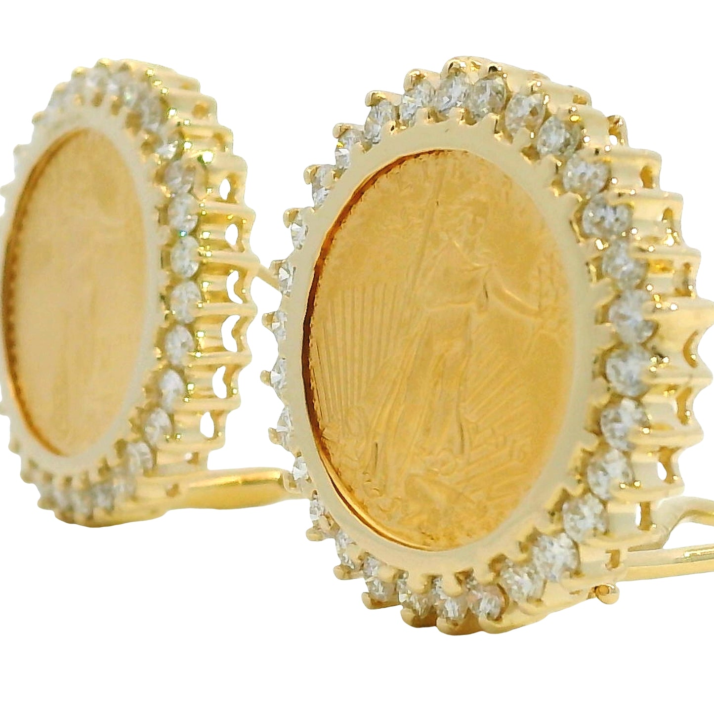 14k Yellow Gold Natural 1.80 Carat Diamond Halo Liberty Coin Earrings