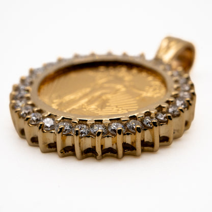 14K Yellow Gold 1/10 oz Coin & Natural Diamond Halo Pendant
