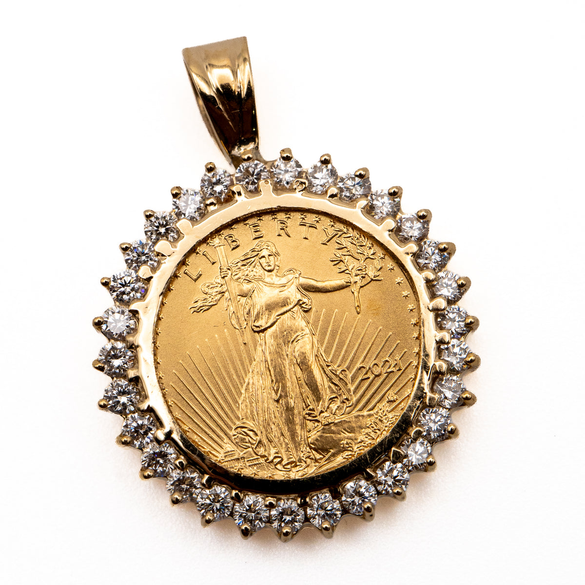 14K Yellow Gold 1/10 oz Coin & Natural Diamond Halo Pendant