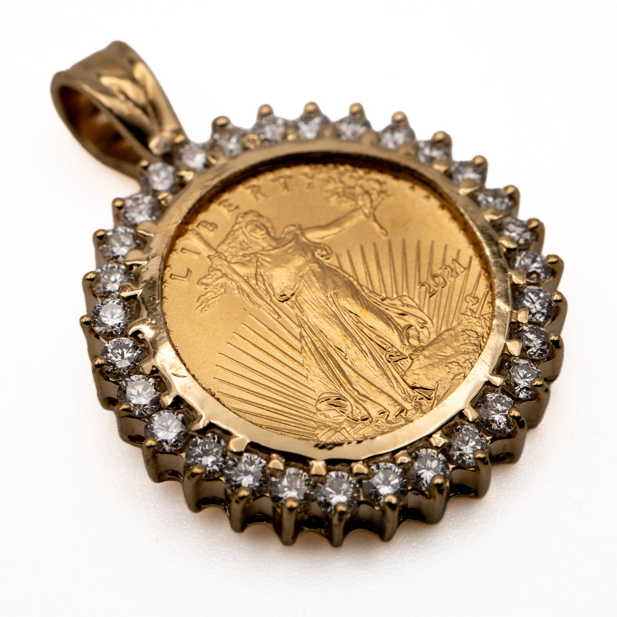14K Yellow Gold 1/10 oz Coin & Natural Diamond Halo Pendant