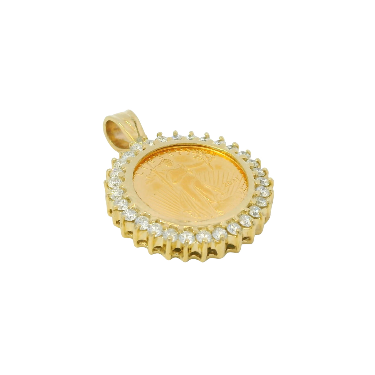 14K Yellow Gold 1/10 oz Coin & Natural Diamond Halo Pendant