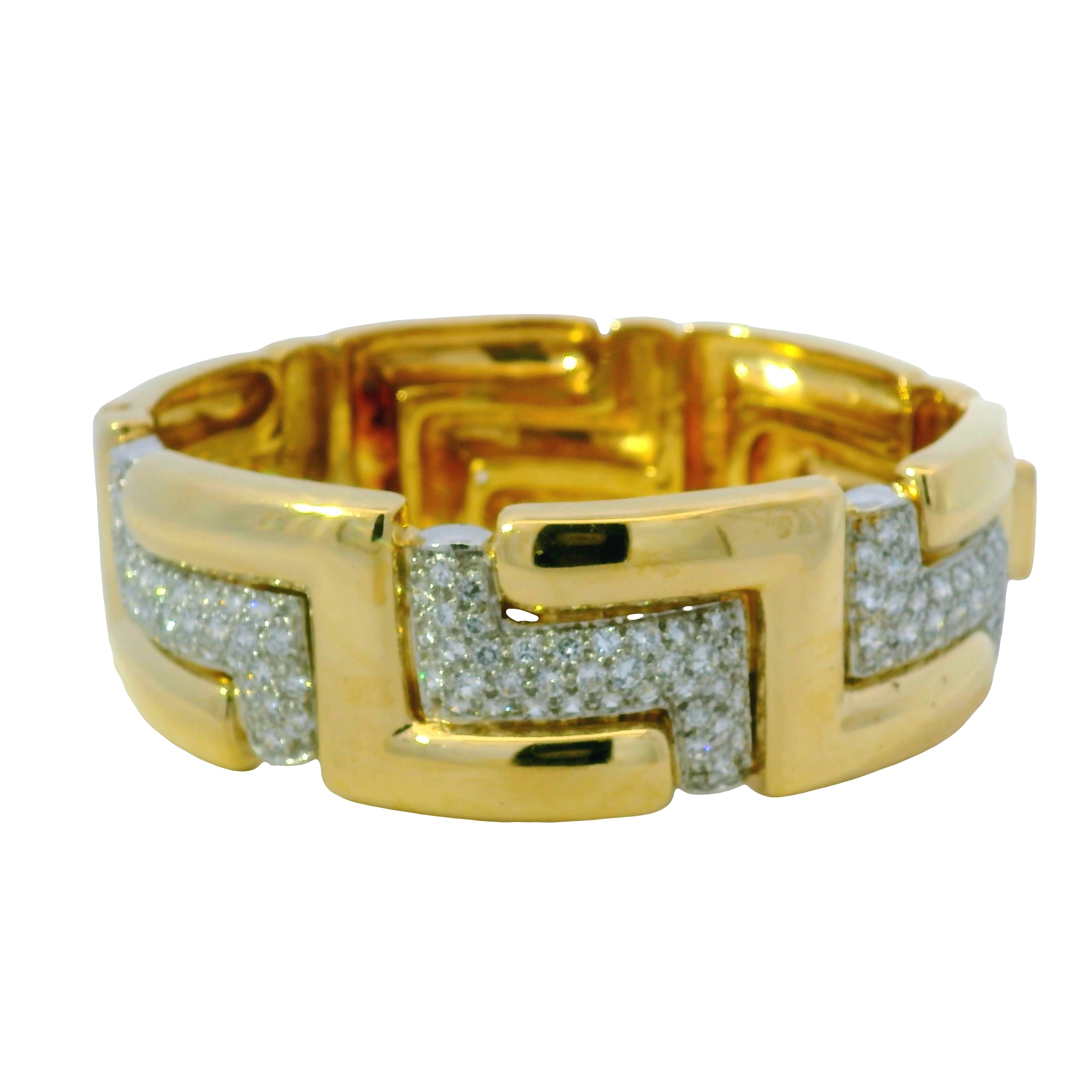 18K Yellow Gold Natural Round Diamond Geometric Station Wide Link Bracelet