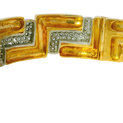 18K Yellow Gold Natural Round Diamond Geometric Station Wide Link Bracelet