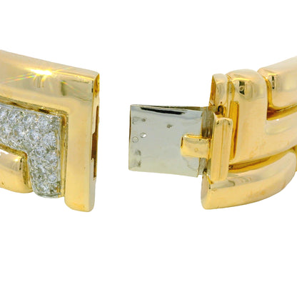 18K Yellow Gold Natural Round Diamond Geometric Station Wide Link Bracelet