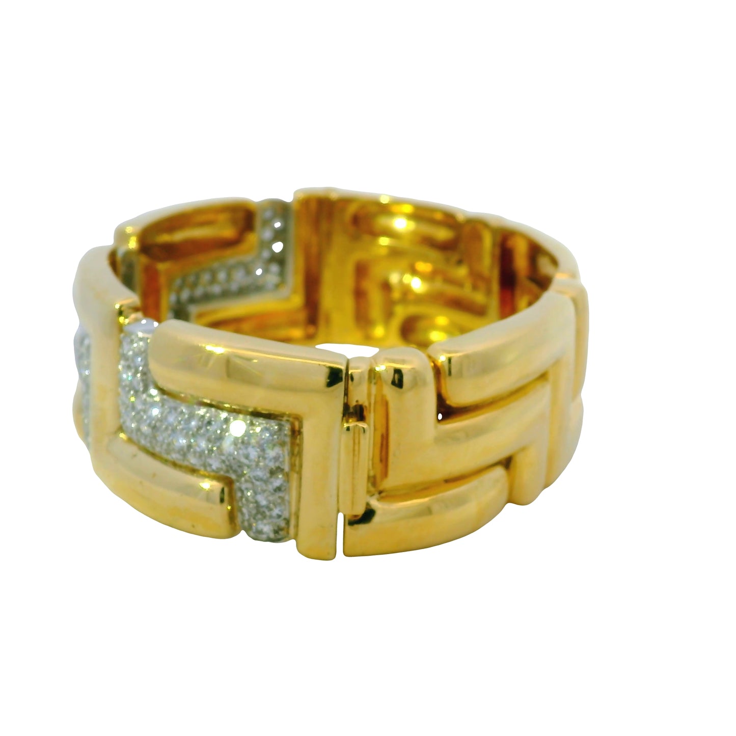 18K Yellow Gold Natural Round Diamond Geometric Station Wide Link Bracelet