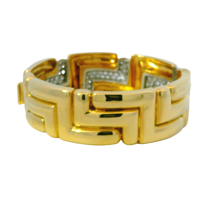 18K Yellow Gold Natural Round Diamond Geometric Station Wide Link Bracelet