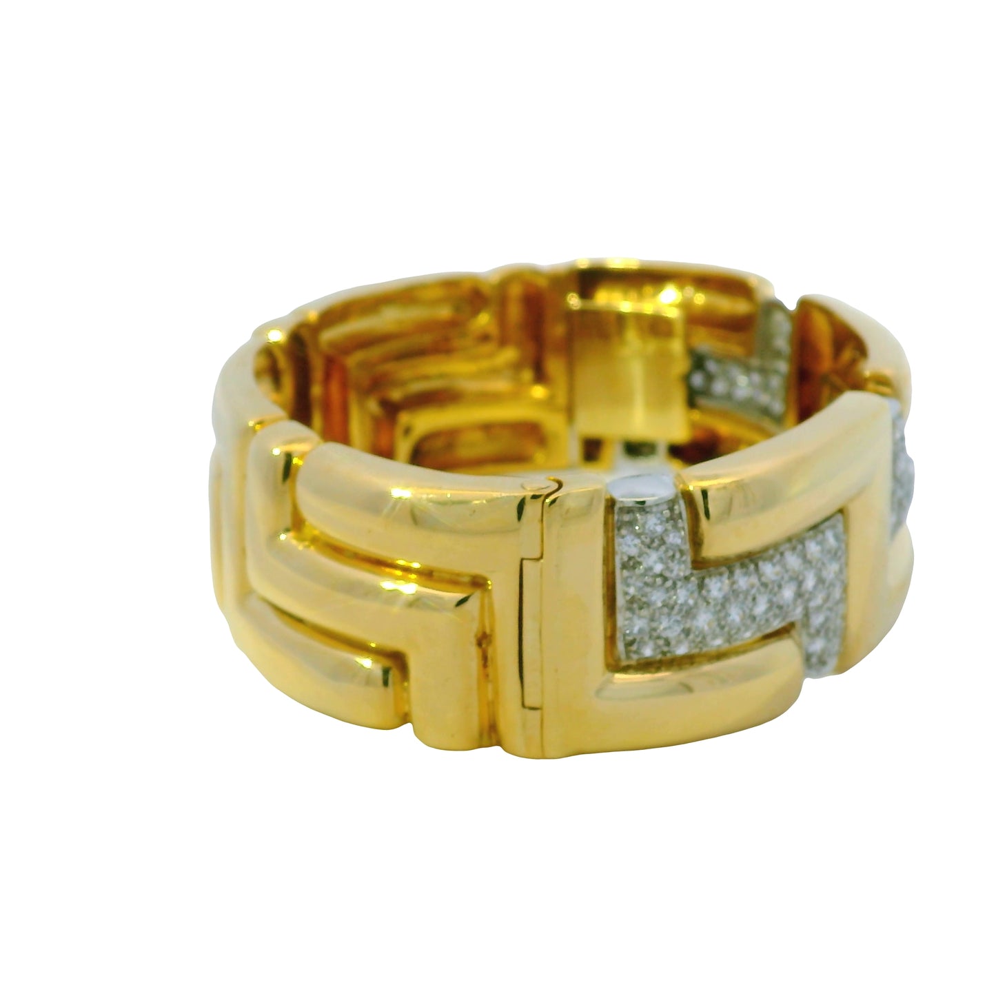 18K Yellow Gold Natural Round Diamond Geometric Station Wide Link Bracelet