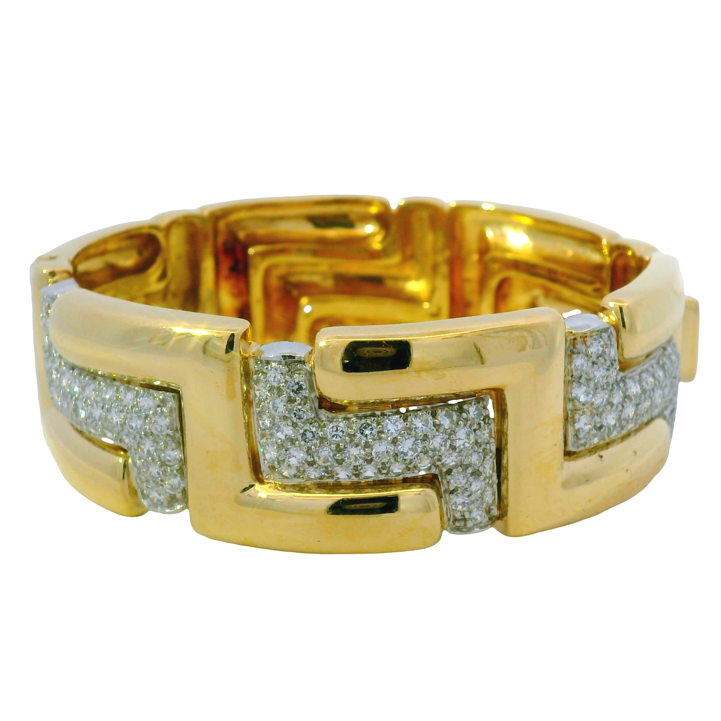 18K Yellow Gold Natural Round Diamond Geometric Station Wide Link Bracelet