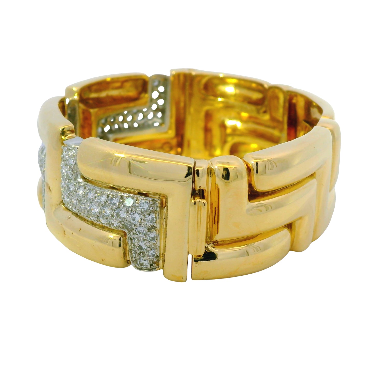 18K Yellow Gold Natural Round Diamond Geometric Station Wide Link Bracelet