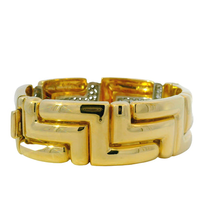 18K Yellow Gold Natural Round Diamond Geometric Station Wide Link Bracelet