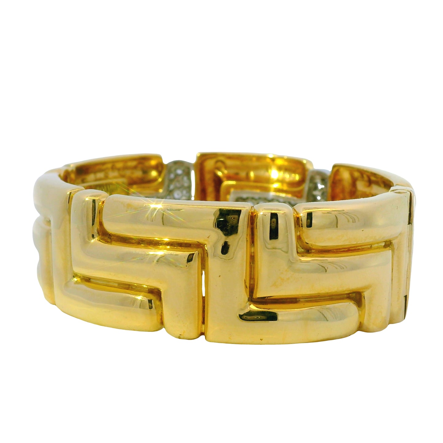 18K Yellow Gold Natural Round Diamond Geometric Station Wide Link Bracelet