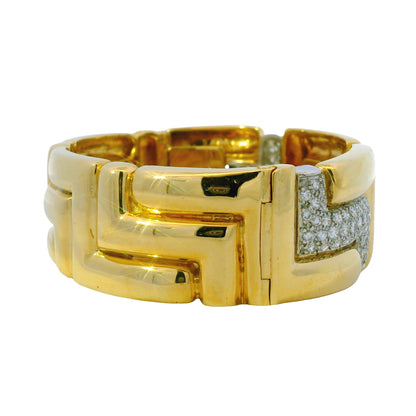 18K Yellow Gold Natural Round Diamond Geometric Station Wide Link Bracelet