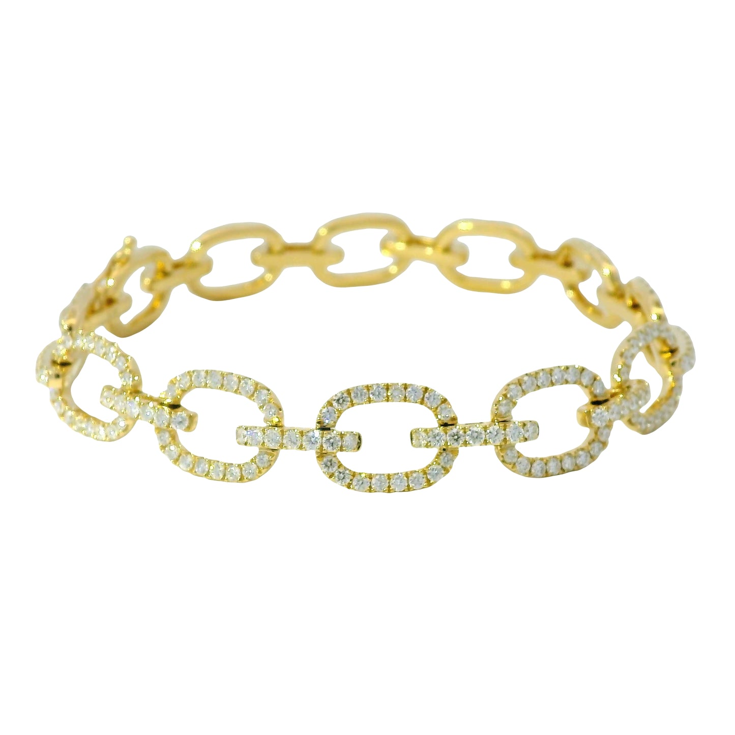 18K Yellow Gold Natural Round Diamond Oval-Link Station Bracelet
