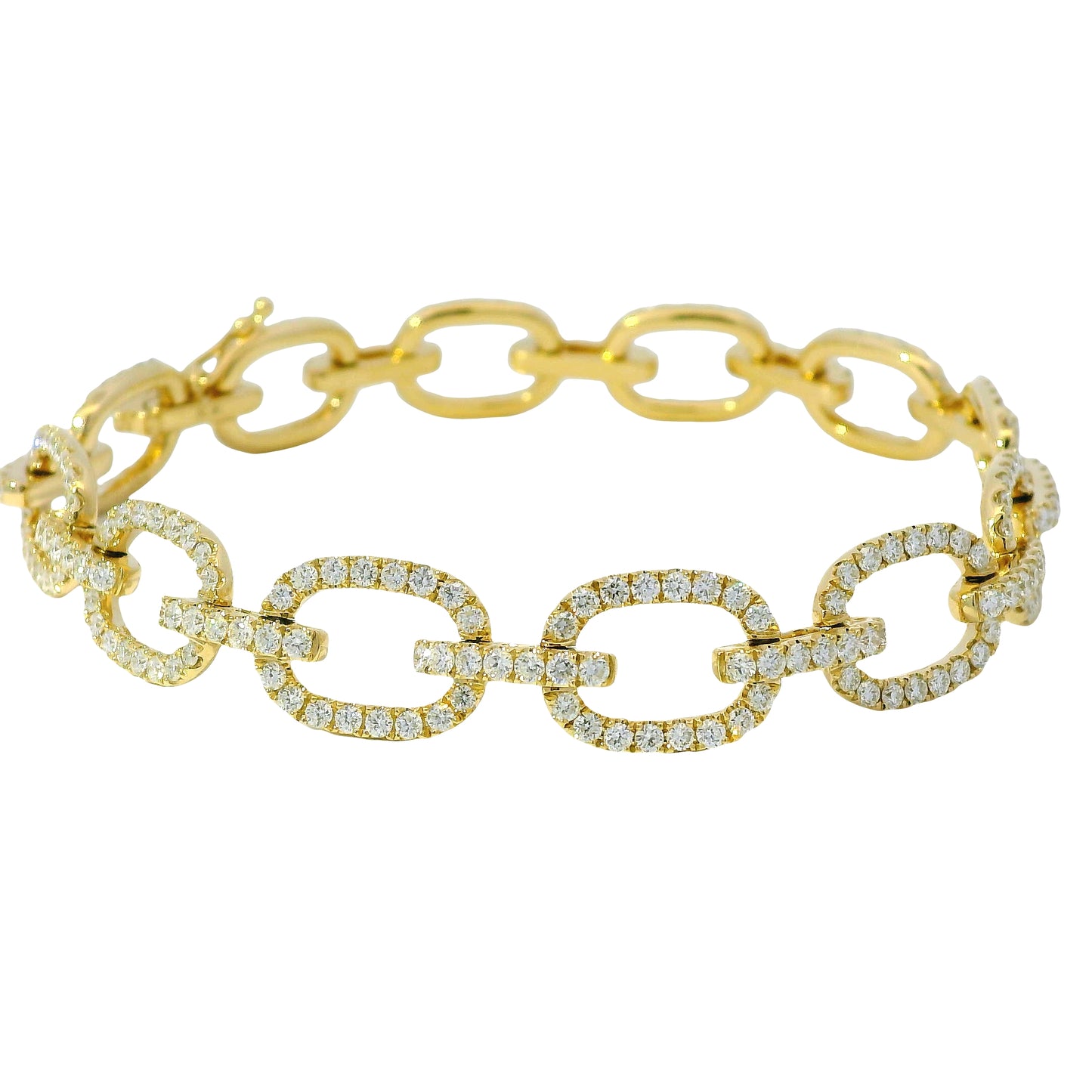 18K Yellow Gold Natural Round Diamond Oval-Link Station Bracelet