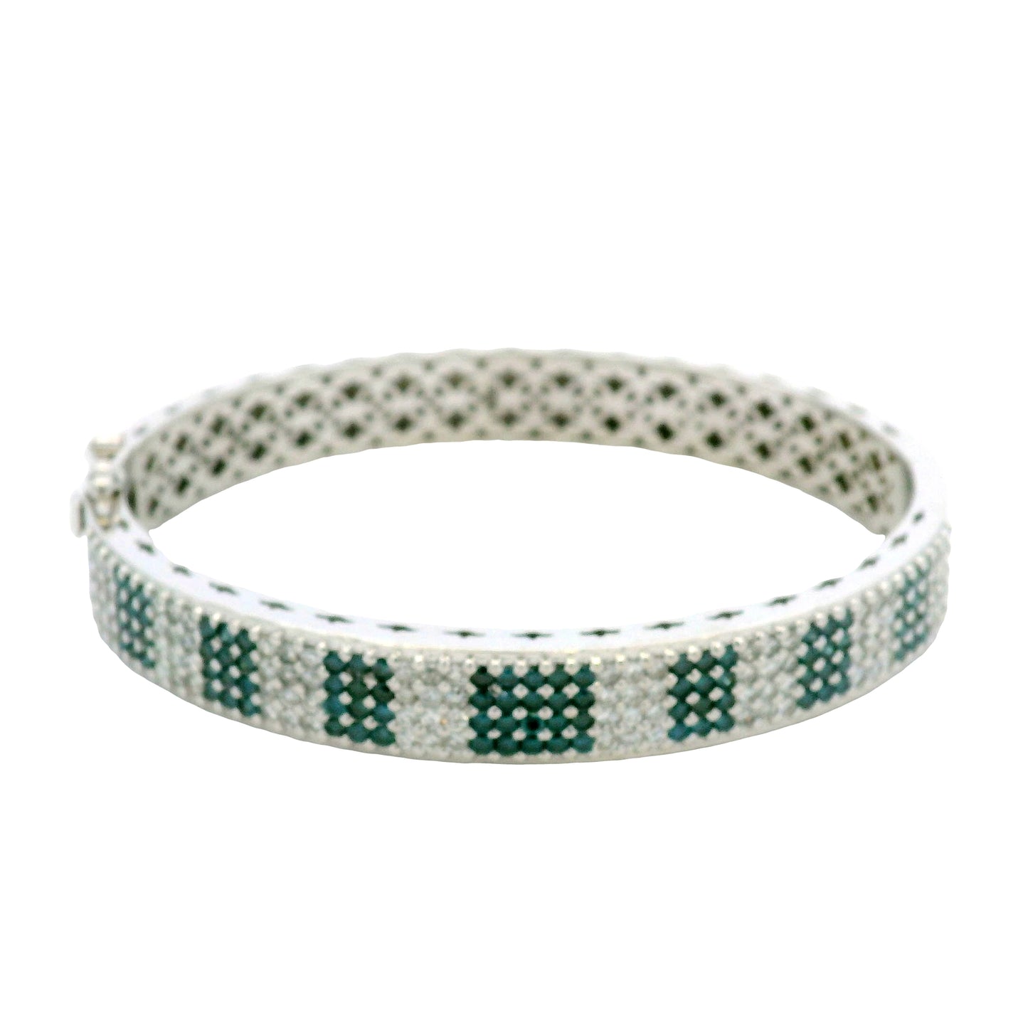 14K White Gold Natural White and Blue Diamond Bangle Bracelet