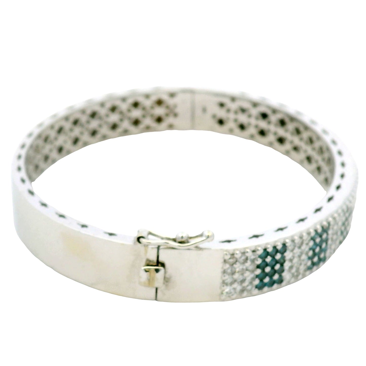 14K White Gold Natural White and Blue Diamond Bangle Bracelet