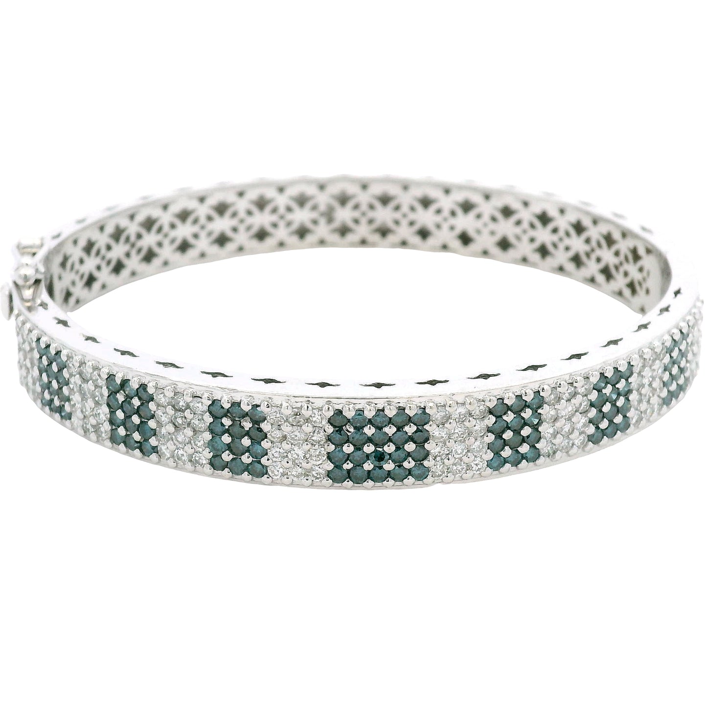 14K White Gold Natural White and Blue Diamond Bangle Bracelet