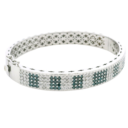14K White Gold Natural White and Blue Diamond Bangle Bracelet