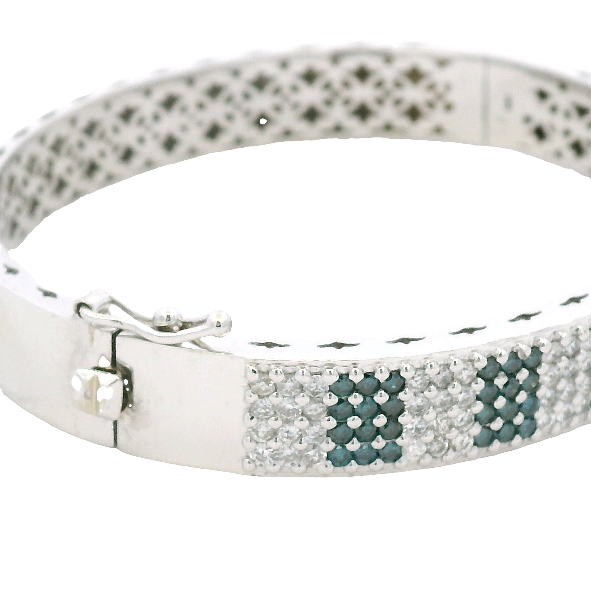 14K White Gold Natural White and Blue Diamond Bangle Bracelet