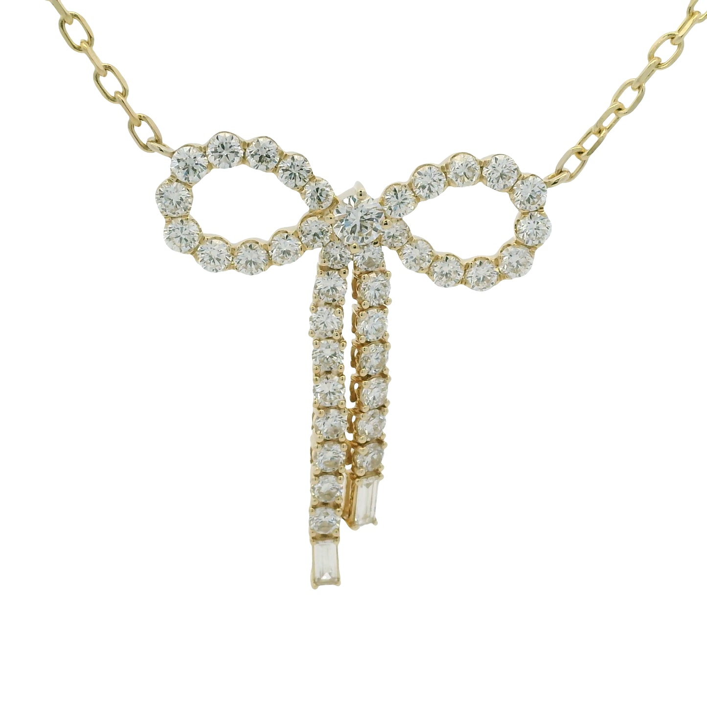 14k Yellow Gold Baguette And Round Diamond Bow Pendant Necklace