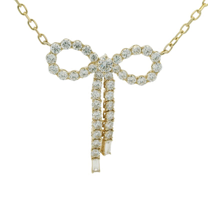 14k Yellow Gold Baguette And Round Diamond Bow Pendant Necklace
