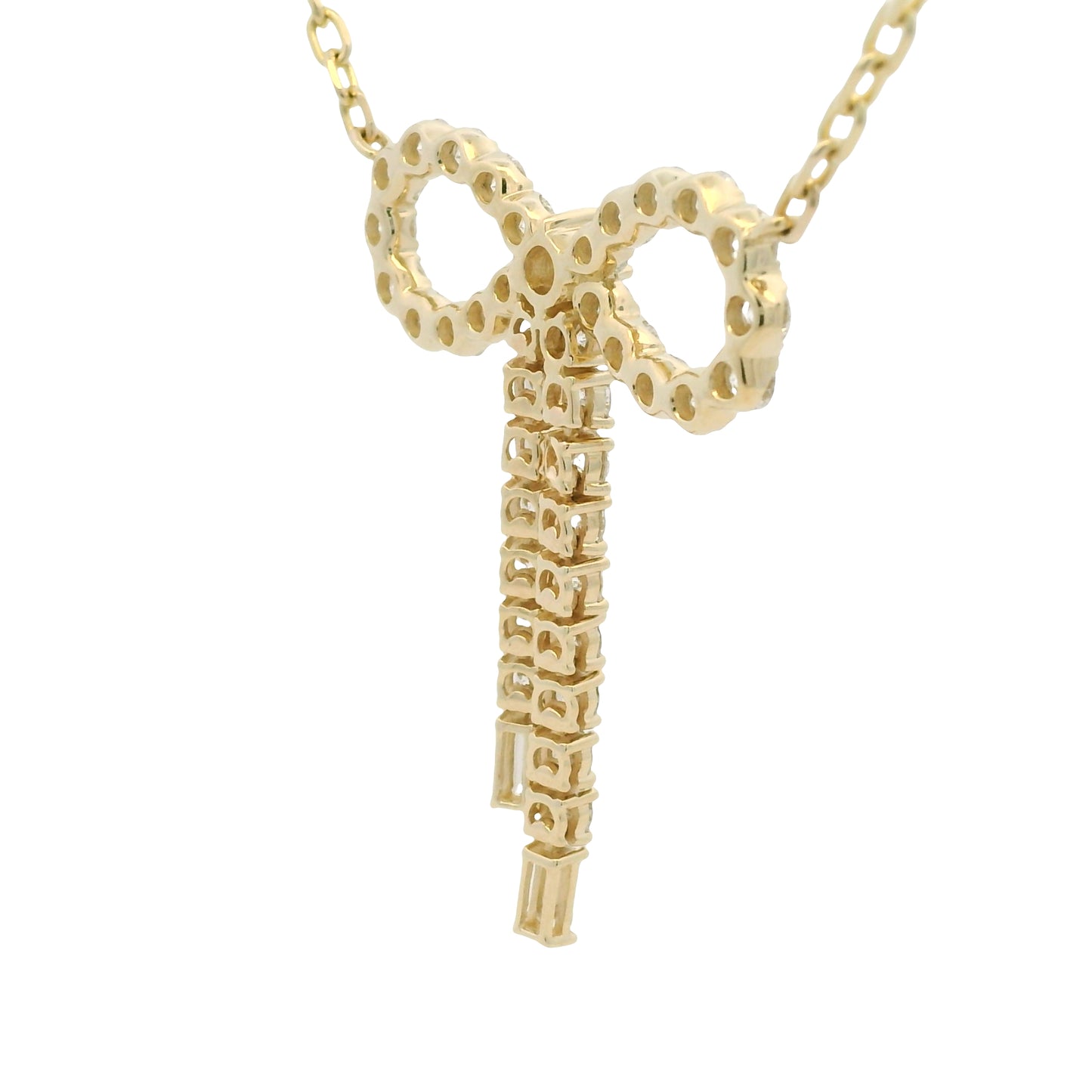 14k Yellow Gold Baguette And Round Diamond Bow Pendant Necklace