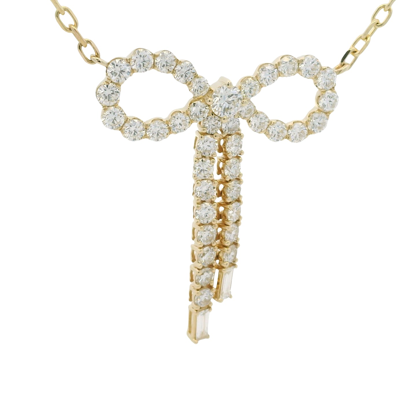 14k Yellow Gold Baguette And Round Diamond Bow Pendant Necklace