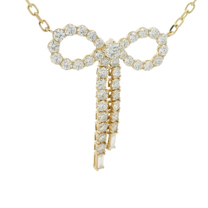 14k Yellow Gold Baguette And Round Diamond Bow Pendant Necklace